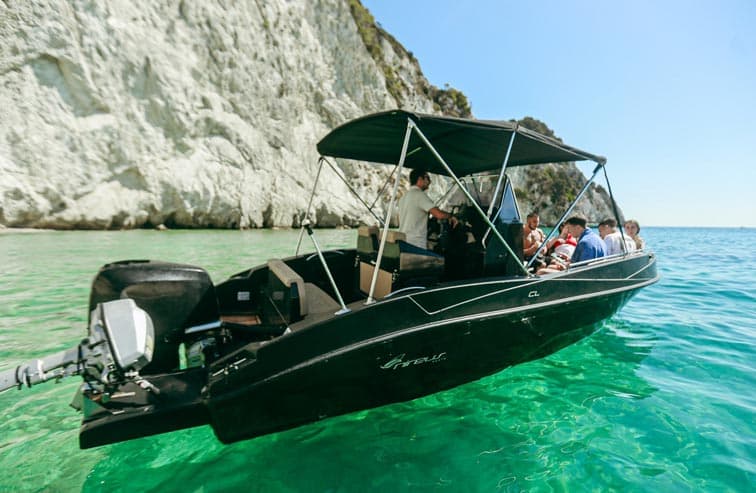 Nero elegance speedboat on the clear green water of Zakynthos